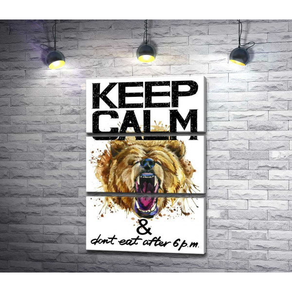 Бурый медведь рычит возле надписи "keep calm and don't eat after 6 p.m."