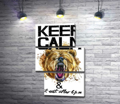 Модульна картина "Бурий ведмідь гарчить біля напису "keep calm and don't eat after 6 p.m.""