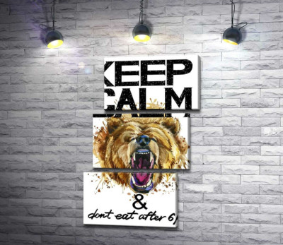 Модульная картина "Бурый медведь рычит возле надписи "keep calm and don't eat after 6 p.m.""