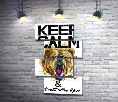 Модульна картина "Бурий ведмідь гарчить біля напису "keep calm and don't eat after 6 p.m.""