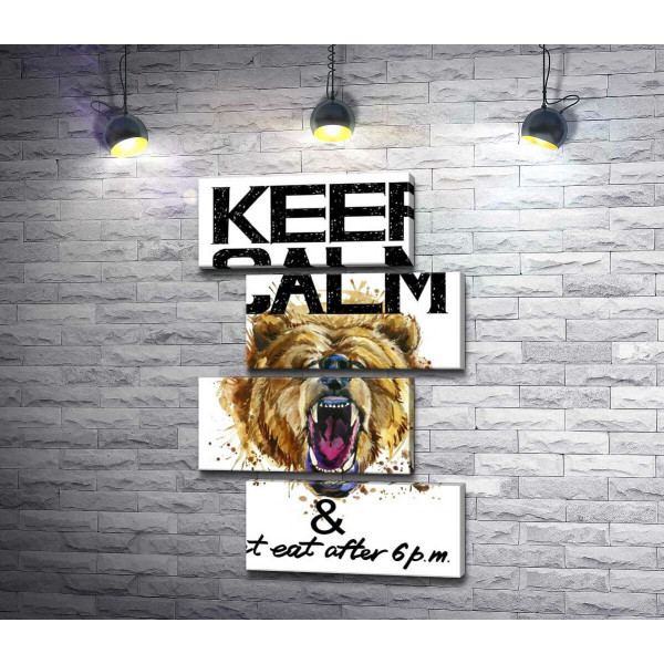 Бурый медведь рычит возле надписи "keep calm and don't eat after 6 p.m."