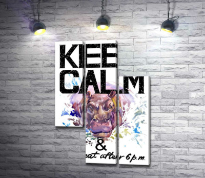 Бегемот виглядає з води між написом "keep calm and don't eat after 6 p.m."