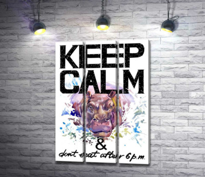 Бегемот выглядывает из воды между надписью "keep calm and don't eat after 6 p.m."