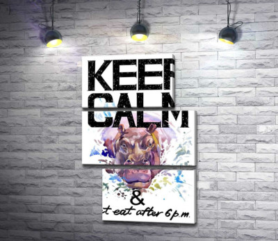 Модульная картина "Бегемот выглядывает из воды между надписью "keep calm and don't eat after 6 p.m.""