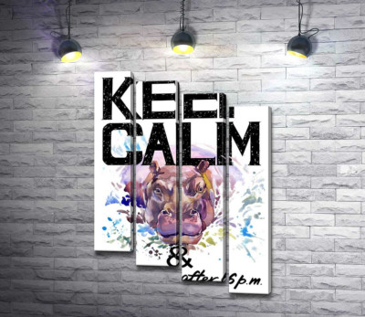 Бегемот выглядывает из воды между надписью "keep calm and don't eat after 6 p.m."