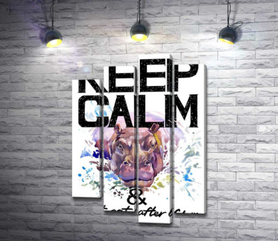 Модульна картина "Бегемот виглядає з води між написом "keep calm and don't eat after 6 p.m.""
