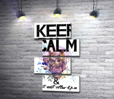 Модульна картина "Бегемот виглядає з води між написом "keep calm and don't eat after 6 p.m.""