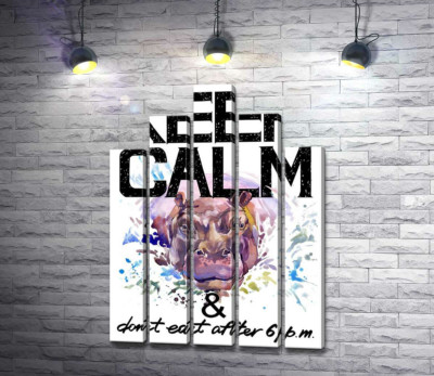 Модульная картина "Бегемот выглядывает из воды между надписью "keep calm and don't eat after 6 p.m.""