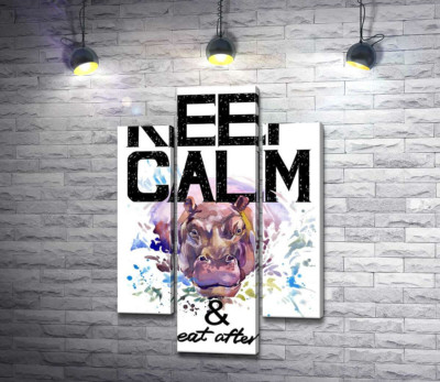 Модульная картина "Бегемот выглядывает из воды между надписью "keep calm and don't eat after 6 p.m.""