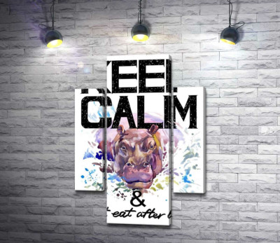 Бегемот виглядає з води між написом "keep calm and don't eat after 6 p.m."