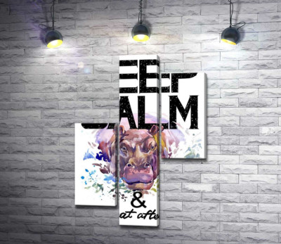 Модульная картина "Бегемот выглядывает из воды между надписью "keep calm and don't eat after 6 p.m.""