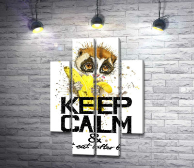 Модульная картина "Маленький лемур ест банан над надписью "keep calm and don't eat after 6 p.m.""