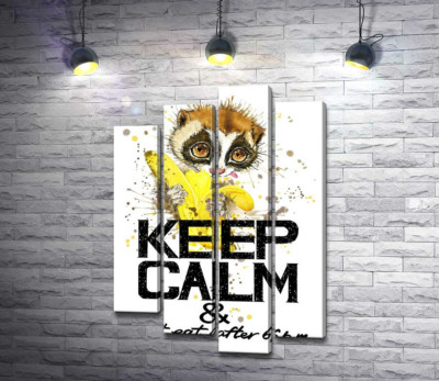 Модульна картина "Маленький лемур їсть банан над написом "keep calm and don't eat after 6 p.m.""
