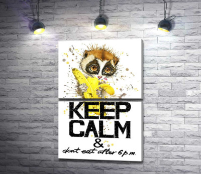 Модульна картина "Маленький лемур їсть банан над написом "keep calm and don't eat after 6 p.m.""