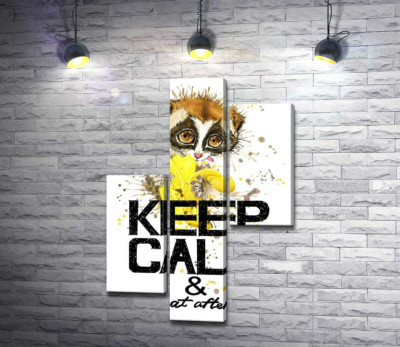 Модульная картина "Маленький лемур ест банан над надписью "keep calm and don't eat after 6 p.m.""