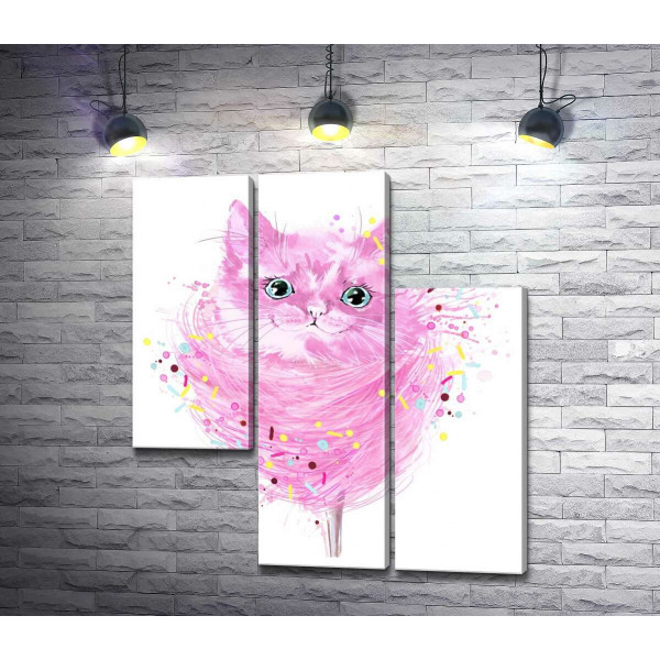 Розовая мордашка кота выглядывает из сахарной ваты