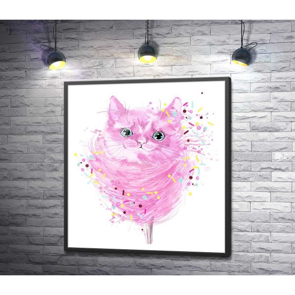 Розовая мордашка кота выглядывает из сахарной ваты