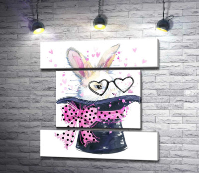Модульная картина "Белый заяц в очках выглядывает из шляпы с розовым бантом"