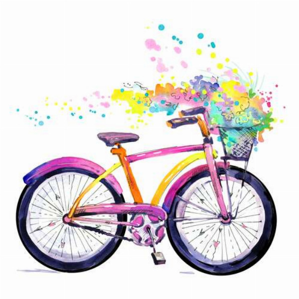Яскравий велосипед з букетом квітів в корзині