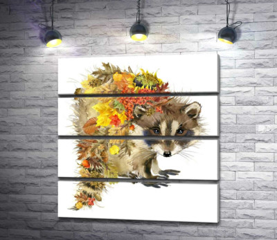 Модульна картина "Соняшник, калина та осіннє листя на спині єнота"