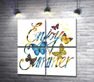 Модульная картина "Яркие бабочки летают среди надписи "enjoy summer""