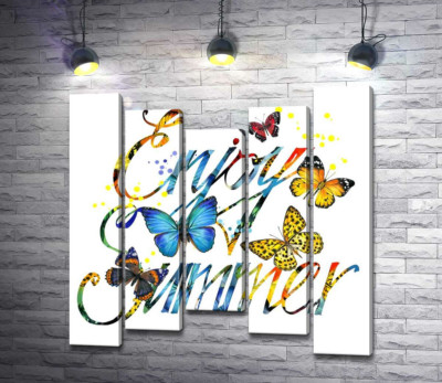 Модульная картина "Яркие бабочки летают среди надписи "enjoy summer""