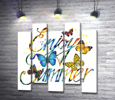 Модульная картина "Яркие бабочки летают среди надписи "enjoy summer""