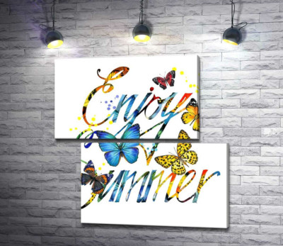 Модульна картина "Яскраві метелики літають серед напису "enjoy summer""