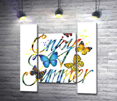 Модульная картина "Яркие бабочки летают среди надписи "enjoy summer""