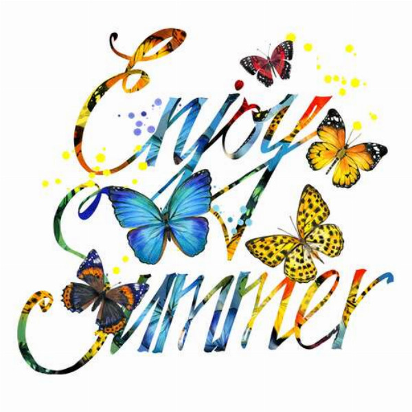 Яркие бабочки летают среди надписи "enjoy summer"
