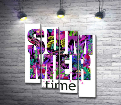 Модульная картина "Рисунок цветочной клумбы в фиолетовых тонах на буквах "summertime""