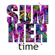 Рисунок цветочной клумбы в фиолетовых тонах на буквах "summertime"