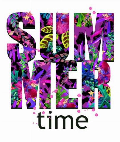 Малюнок квіткової клумби у фіолетових тонах на літерах "summertime"