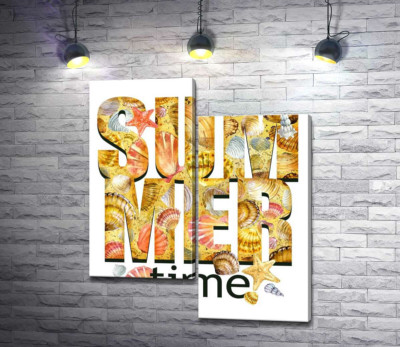Надпись "summertime" усыпана морскими ракушками