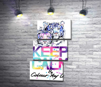 Модульна картина "Білі тигри під написом "keep calm and colour your life""