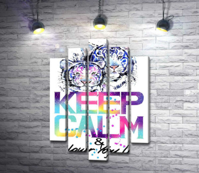 Модульна картина "Білі тигри під написом "keep calm and colour your life""