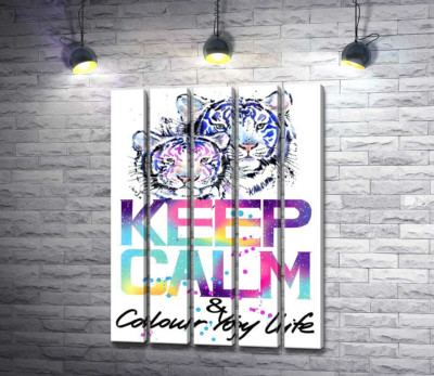 Модульна картина "Білі тигри під написом "keep calm and colour your life""