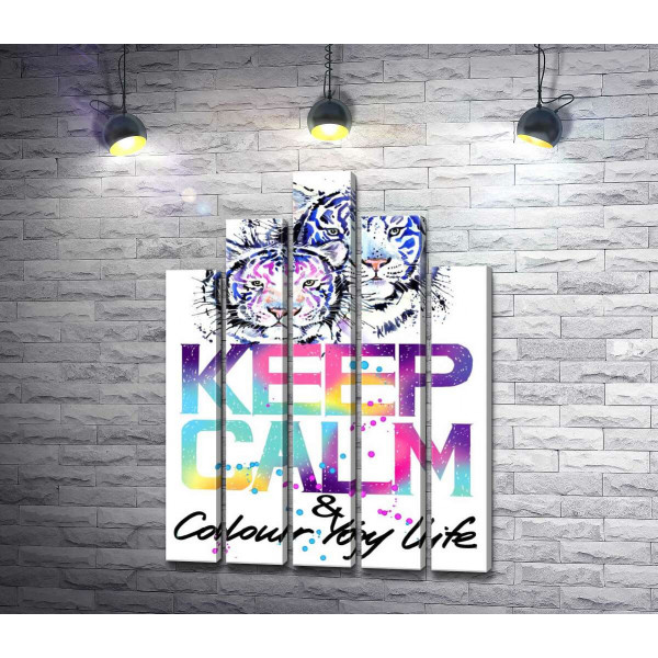 Белые тигры под надписью "keep calm and colour your life"