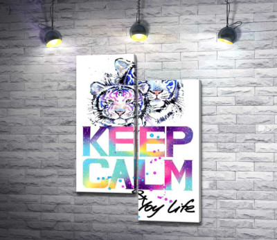 Модульна картина "Білі тигри під написом "keep calm and colour your life""