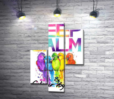 Модульна картина "Яскраве оперення папуг серед напису "keep calm and colour your life""