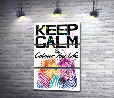 Цветные полоски зебр под надписью "keep calm and colour your life"