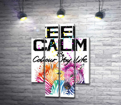 Модульна картина "Кольорові полоски зебр під написом "keep calm and colour your life" "