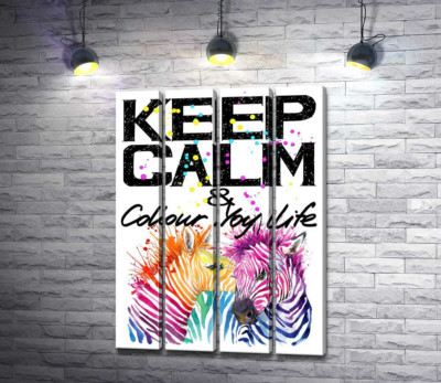 Модульная картина "Цветные полоски зебр под надписью "keep calm and colour your life""