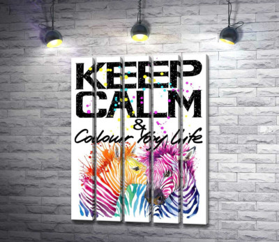 Модульна картина "Кольорові полоски зебр під написом "keep calm and colour your life" "