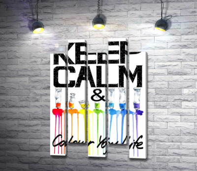 Модульная картина "Краска вытекает из ярких тюбиков на надписи "keep calm and colour your life""