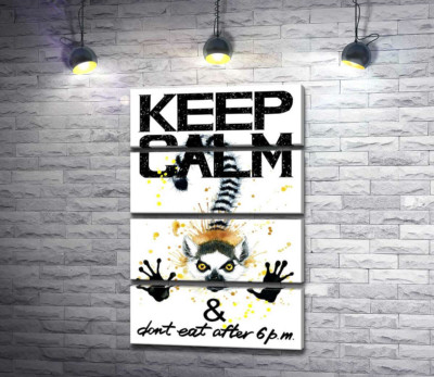 Модульна картина "Лемур тягне лапи вперед під написом "keep calm and don't eat after 6 p.m.""