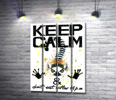 Модульная картина "Лемур тянет лапы вперед под надписью "keep calm and don't eat after 6 p.m.""