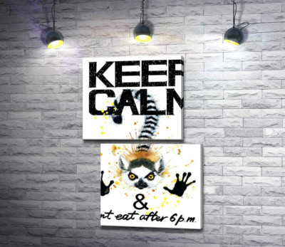 Лемур тянет лапы вперед под надписью "keep calm and don't eat after 6 p.m."