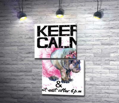 Модульна картина "Бегемот балерина серед напису "keep calm and don't eat after 6 p.m.""