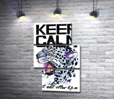 Модульная картина "Хищный леопард среди надписи "keep calm and don't eat after 6 p.m.""